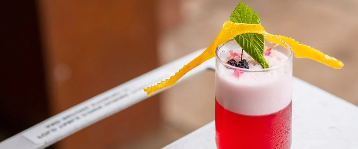A meticulously crafted cocktail with a vibrant red base and frothy top, adorned with a sprig of mint and a twisted orange peel garnish, ready for participants to enjoy in a Trolley'd mixology class.