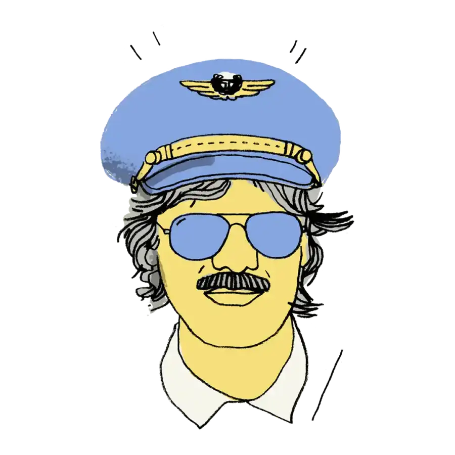 Blue aviator sunglasses with a yellow-trimmed pilot cap featuring gold wings and insignia.