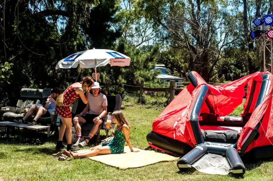 Red and black inflatable bounce house