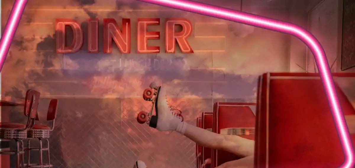 Retro roller-diner scene at Neon Dreams Vivid Sydney featuring vintage diner booths, roller skates, neon signage, and vibrant aviation-themed aesthetics
