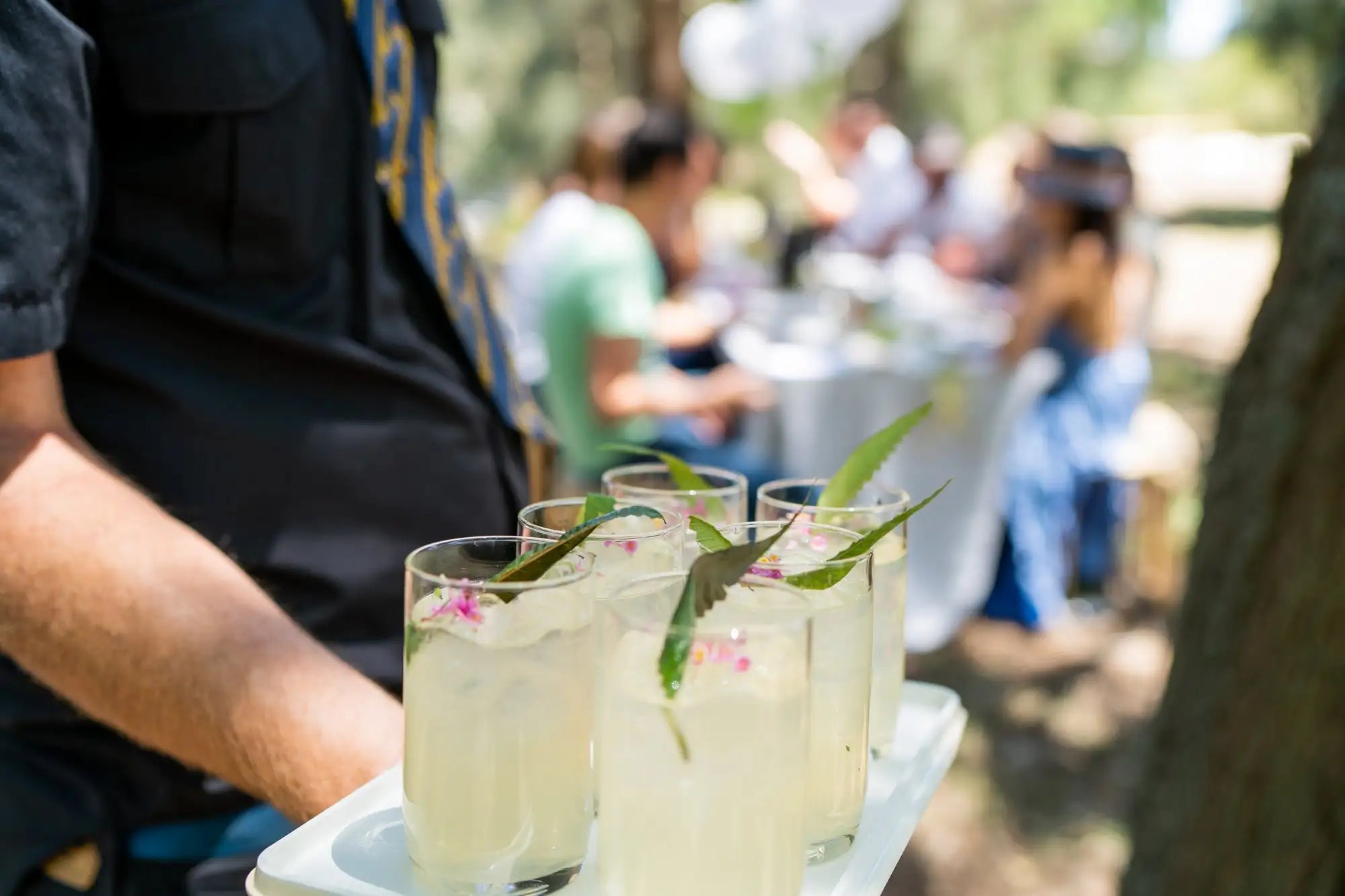 A tray holding several clear glasses filled with a pale yellow beverage, each garnished with green leaves and pink flowers.