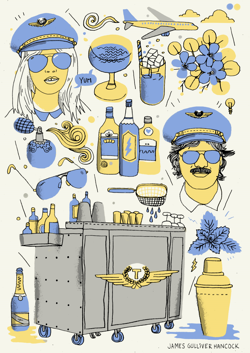 Playful aviation-themed illustration featuring Trolley’d cocktail trolley, pilots in vintage uniforms, cocktails, botanicals, and bar tools – artwork by James Gulliver Hancock