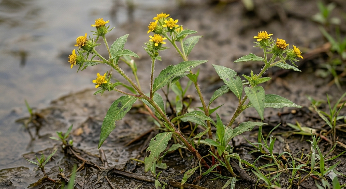 Indian Weed (Sigesbeckia orientalis) yellow flowers at Lake David Southern Highlands NSW — Trolley'd botanical