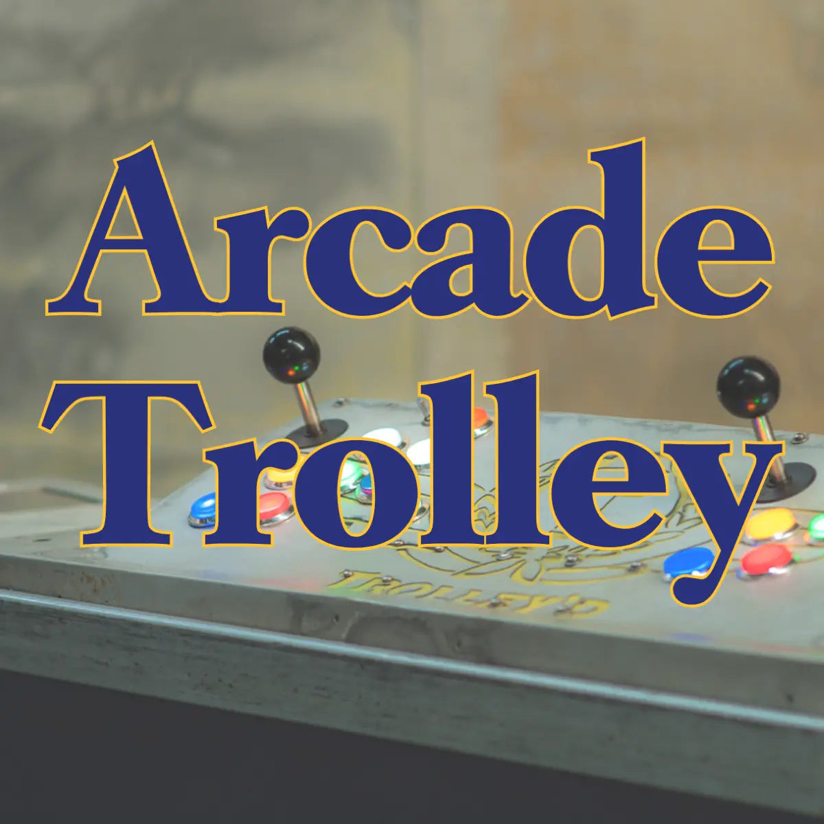 Creative depiction of Trolley'd Arcade Trolley featuring classic arcade controls with bright buttons and joysticks on a mobile bar setup. This unique concept blends entertainment with hospitality, ideal for adding a playful element to any event.