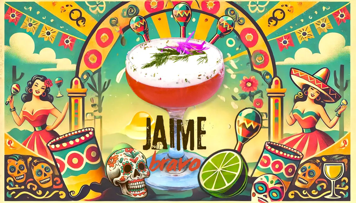 Colorful Jaime Bravo cocktail with Espolon Blanco Tequila, featuring vibrant garnishes, surrounded by festive Mexican imagery including maracas, traditional dancers, and sugar skulls, celebrating the classic Matador cocktail.