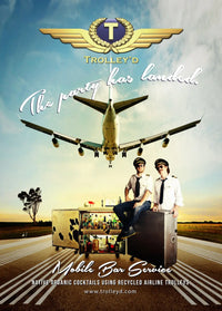 The Party Has Landed promotional image of 2 Trolley'd bartenders dressed as pilots showing off the best bar hire company near me