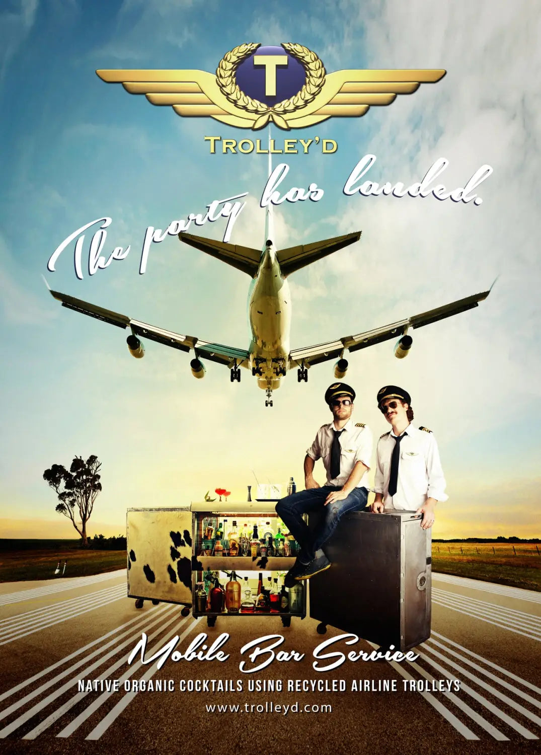 The Party Has Landed promotional image of 2 Trolley'd bartenders dressed as pilots showing off the best bar hire company near me