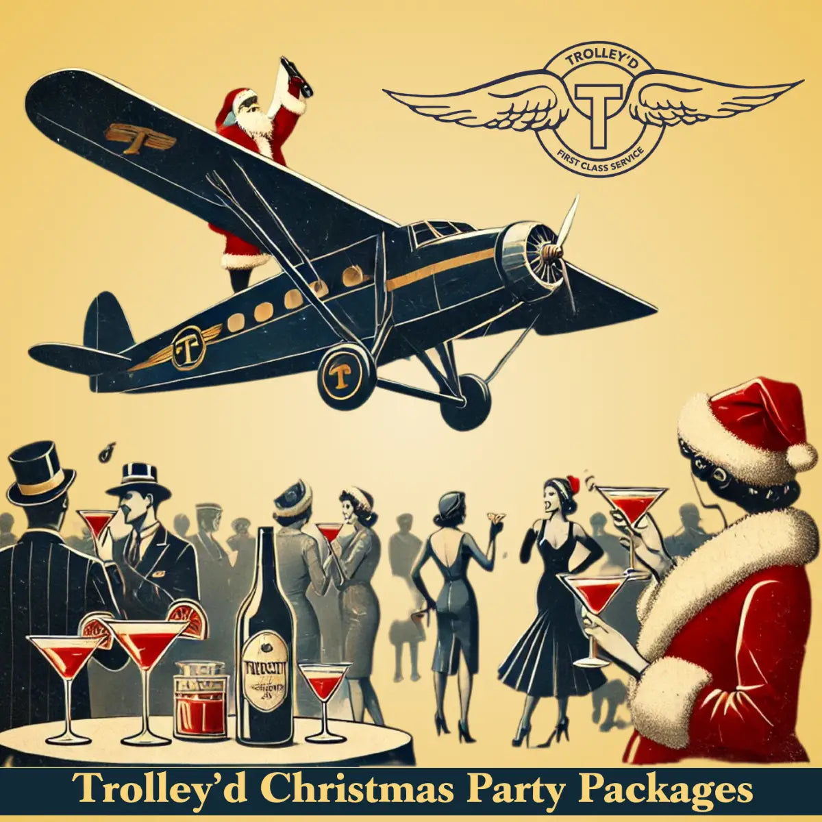 Vintage illustration of a propeller airplane above a Christmas party for mobile bar hire.