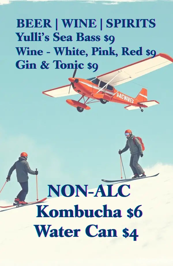 Playful ski-themed image with two skiers and a red plane, overlaid with Trolley’d’s Après Ski beer, wine, and spirits menu. Features Yulli’s Sea Bass beer, red, white, and pink wine, gin and tonic, plus kombucha and canned water for non-alcoholic options.