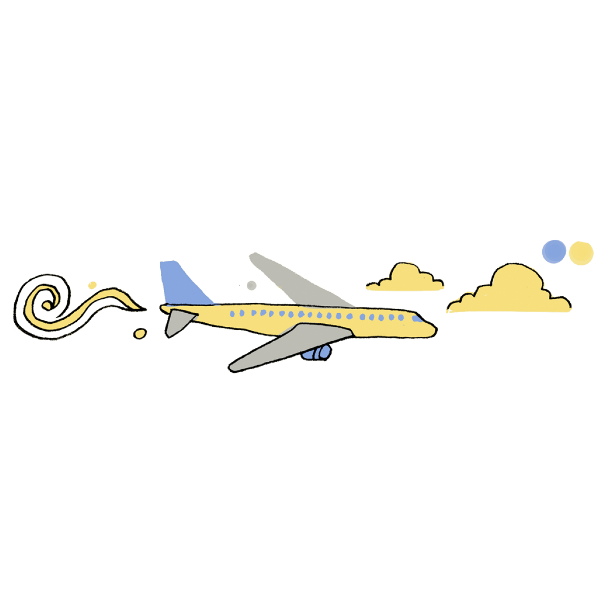 Illustration of an airplane flying amidst clouds, reflecting Trolley'd's aviation-themed branding and unique bar service.