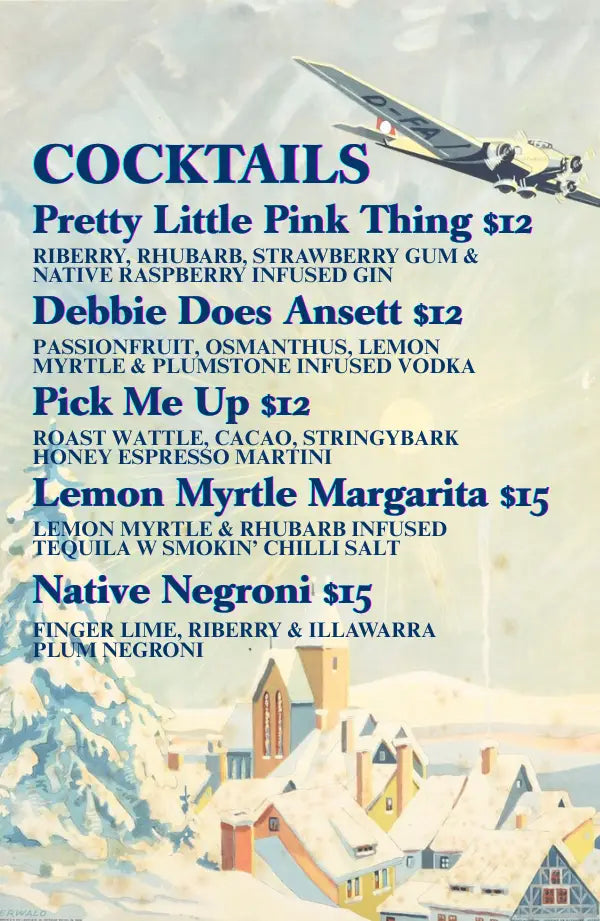 Vintage aviation-themed poster showing Trolley’d’s Après Ski cocktail menu with foraged Australian native ingredients. Includes drinks like Pretty Little Pink Thing with riberry gin, Debbie Does Ansett with passionfruit and lemon myrtle vodka, Pick Me Up espresso martini with roast wattle, Lemon Myrtle Margarita with chilli salt, and Native Negroni with finger lime.