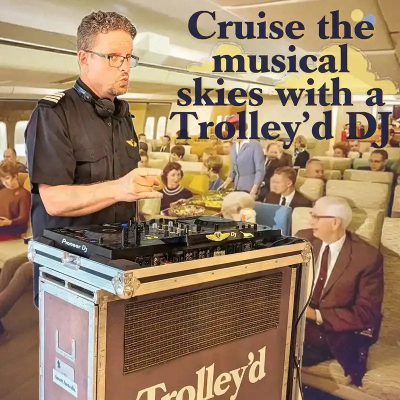 Black pioneer dj turntable and mixer set on a wooden flight case with ’trolley’d’ branding.