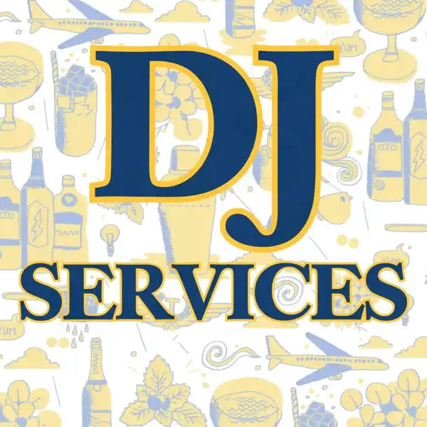 Blue and gold ’dj services’ logo with bold lettering set against a patterned background of yellow and light blue illustrations.