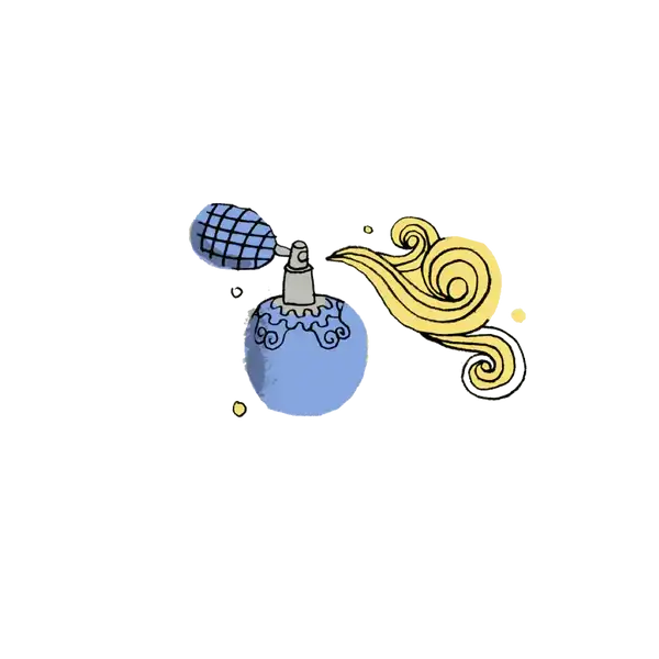 Blue perfume bottle with a mesh-patterned cap and ornate, swirling golden vapor trails.