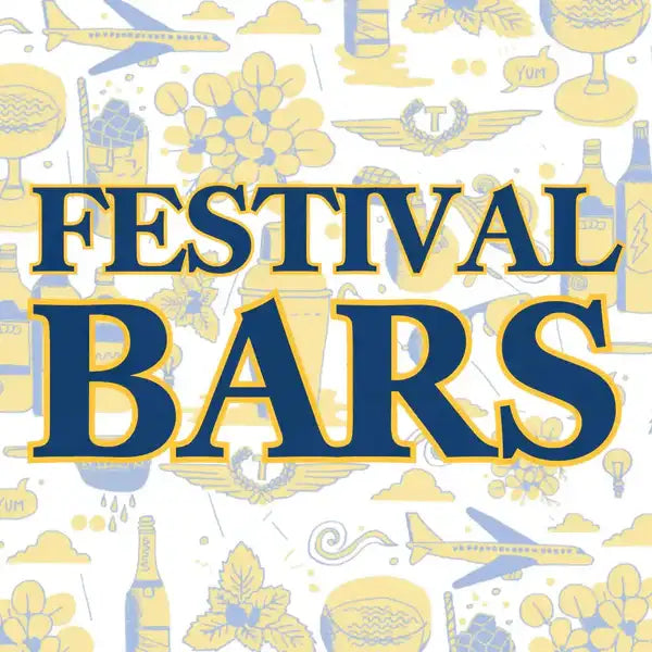 Blue and yellow ’festival bars’ logo with bold lettering set against a patterned background of festival-themed illustrations.