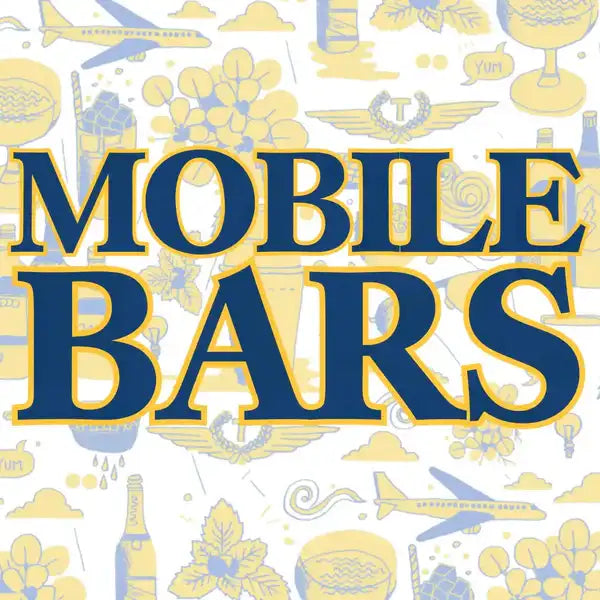 Blue and yellow ’mobile bars’ logo with bold lettering set against a patterned background of travel-themed illustrations.