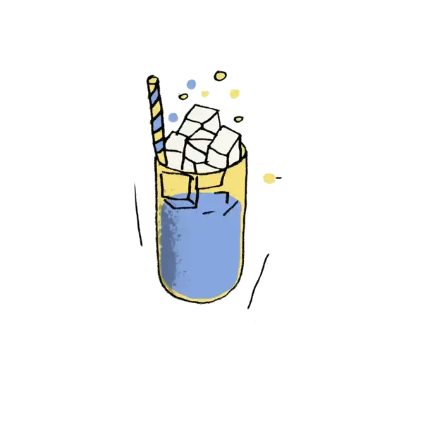 A cartoon-style illustration of a blue drink in a yellow cup, topped with white ice cubes and a striped straw.