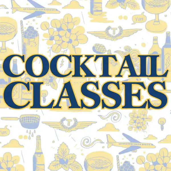 Cocktail classes logo in bold navy blue lettering with a yellow outline, set against a patterned background of illustrated cocktail-related items.