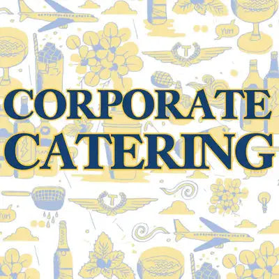Corporate catering logo with bold navy blue text on a white background, surrounded by yellow and light blue illustrations of airplanes, wine bottles, food items, and wings.