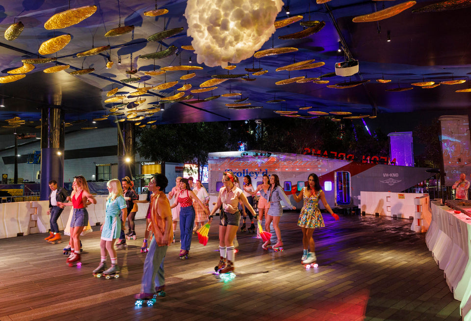 Neon Dreams aircraft and roller-diner activation at Vivid Sydney in Darling Harbour