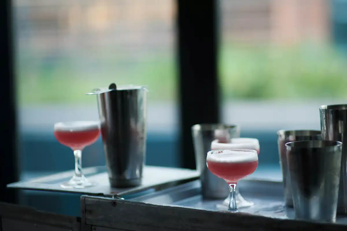 Two pink cocktails served in coupe glasses alongside polished metal shakers, set on a stylish aviation-inspired tray during a Trolley’d cocktail making class with a serene outdoor backdrop.