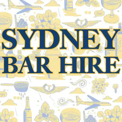 Sydney bar hire logo in navy blue serif font on a cream background with yellow and light blue illustrations of bar-related items.
