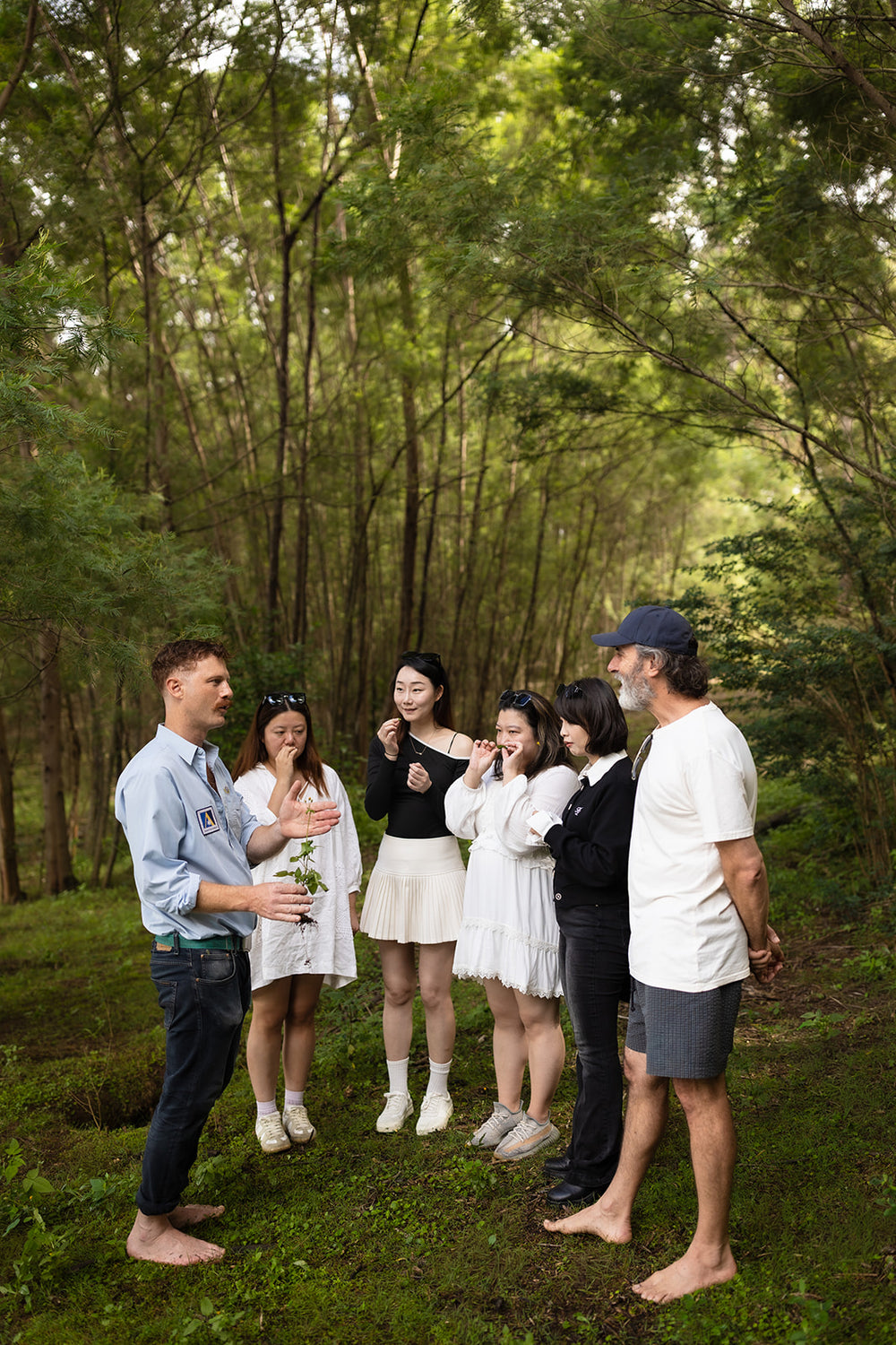 Trolley’d host showing a leafy plant to guests on the wildfood botanical walk at Lake David