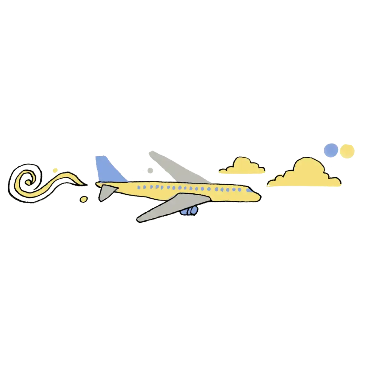 Yellow airplane with blue tail and gray wings flying through a sky of yellow clouds.