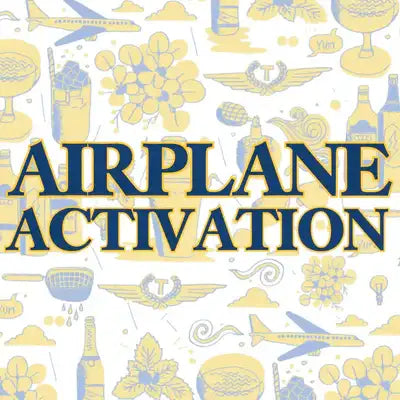 Yellow and blue airplane-themed graphic design with the text ’airplane activation’ prominently displayed.