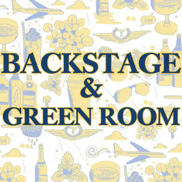 Yellow and blue illustrated backdrop featuring the text ’backstage & green room’ amidst a pattern of airplanes, wine bottles, sunglasses, and floral motifs.