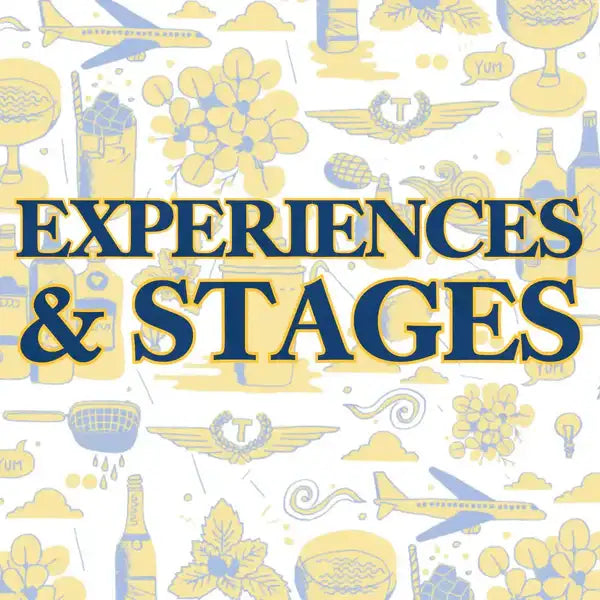 Yellow and blue illustrated graphic with the text ’experiences & stages’ prominently displayed.