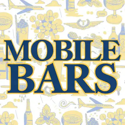 Yellow and blue illustrated logo for ’mobile bars’ featuring airplane, bottle, and cocktail motifs.