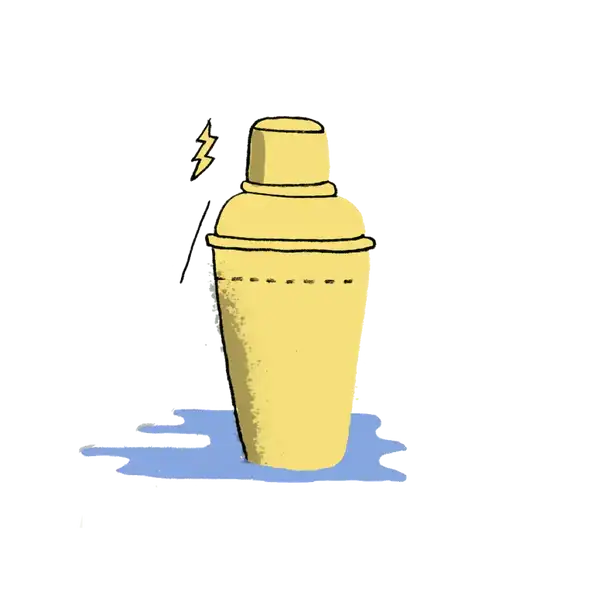 Yellow cocktail shaker with a lightning bolt symbol and a straw sticking out.